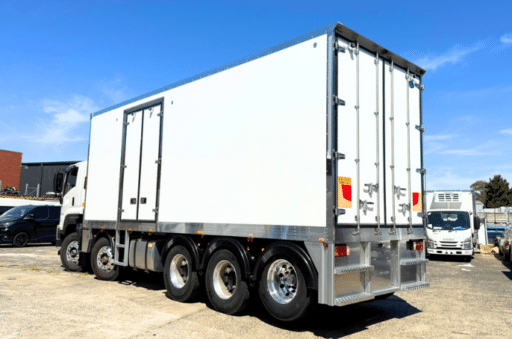 Refrigerated truck body, rear three-quarter view