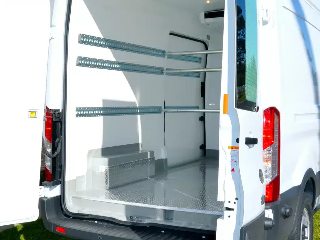 Ford Transit Jumbo refrigerated van rear with kick panels and shoring rails