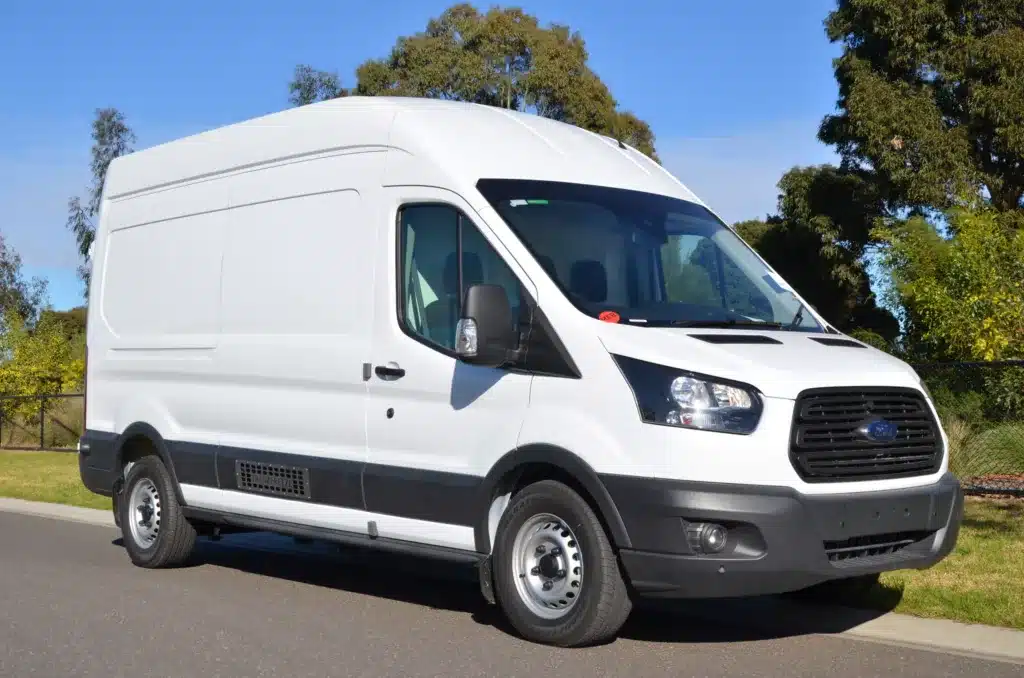 Refrigerated Ford Transit high-roof van, front three-quarter view