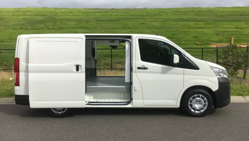 Refrigerated Toyota HiAce LWB van with the side door open