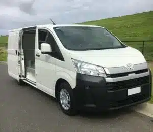 Refrigerated Toyota HiAce LWB van with the side door open