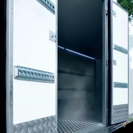Side door open on a refrigerated truck body showing the interior