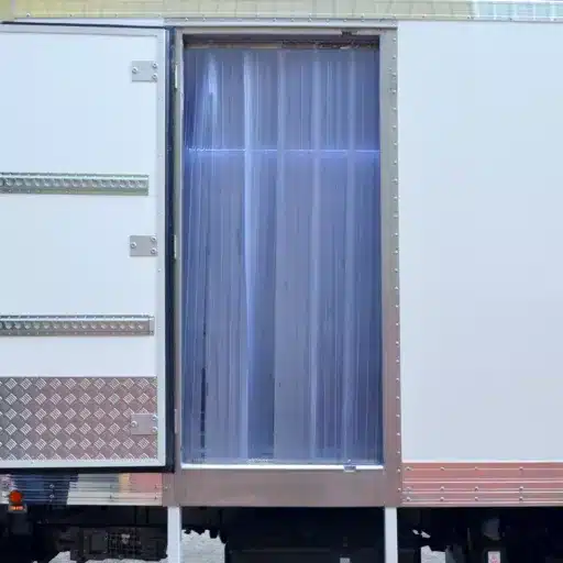 Plastic strip curtain fitted inside a refrigerated truck body