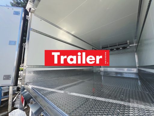 Interior of a Tranzfreeze refrigerated truck body with the Trailer Magazine logo overlay